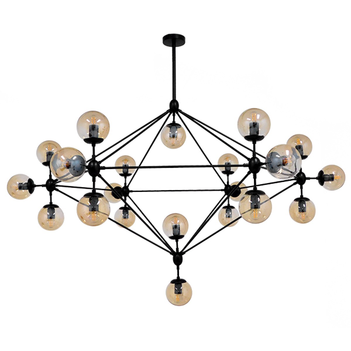 GloboStar® SENTINEL 01638 Μοντέρνο Φωτιστικό Οροφής Πλέγμα Πολύφωτο 21 x E27 IP20 Μαύρο Μέταλλο με μελί Γυαλί - Μ170 x Π170 x Υ136cm