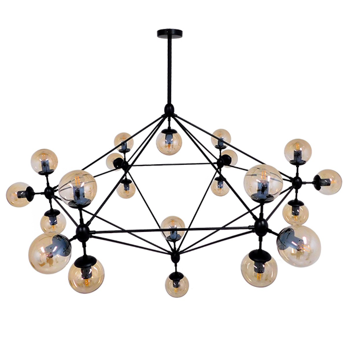 GloboStar® SENTINEL 01638 Μοντέρνο Φωτιστικό Οροφής Πλέγμα Πολύφωτο 21 x E27 IP20 Μαύρο Μέταλλο με μελί Γυαλί - Μ170 x Π170 x Υ136cm