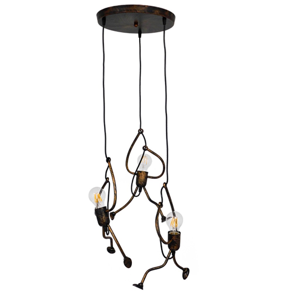 GloboStar® LITTLE MAN 01656 Μοντέρνο Κρεμαστό Φωτιστικό Φιγούρα Τρίφωτο 3 x E27 IP20 Χάλκινο Μέταλλο - Μ45 x Π45 x Υ40cm