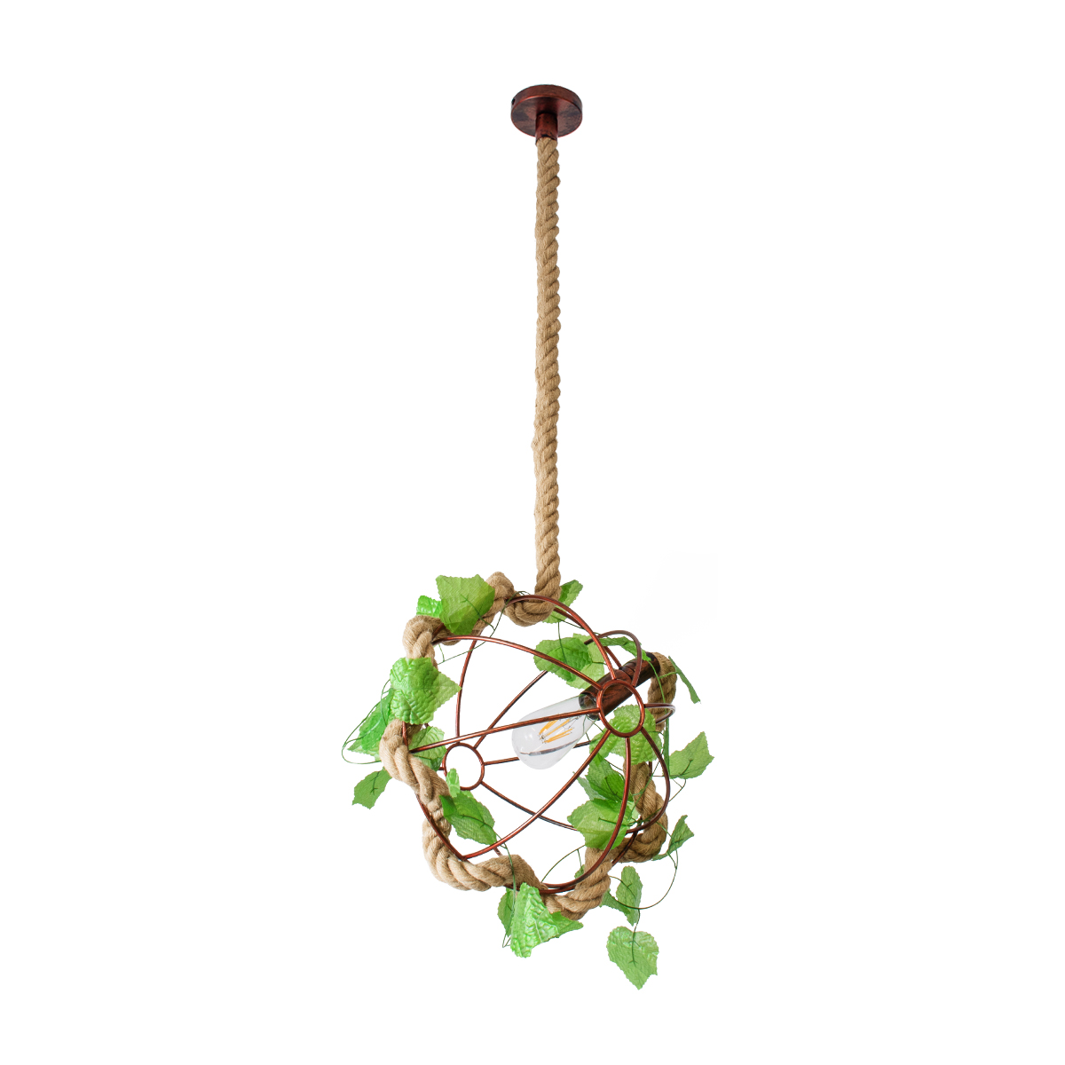 GloboStar® BRADLEY 01660 Vintage Κρεμαστό Φωτιστικό Πλέγμα Μονόφωτο 1 x E27 IP20 Μπεζ Σχοινί, Πράσινο Πλαστικό με Χάλκινο Μέταλλο - Μ33 x Π33 x Y33cm