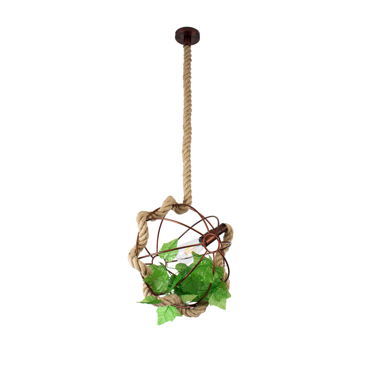 GloboStar® BRADLEY 01660 Vintage Κρεμαστό Φωτιστικό Πλέγμα Μονόφωτο 1 x E27 IP20 Μπεζ Σχοινί, Πράσινο Πλαστικό με Χάλκινο Μέταλλο - Μ33 x Π33 x Y33cm