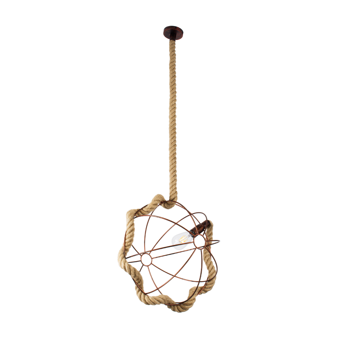 GloboStar® BRADLEY 01661 Vintage Κρεμαστό Φωτιστικό Πλέγμα Μονόφωτο 1 x E27 IP20 Μπεζ Σχοινί, Πράσινο Πλαστικό με Χάλκινο Μέταλλο - Μ42 x Π42 x Y42cm