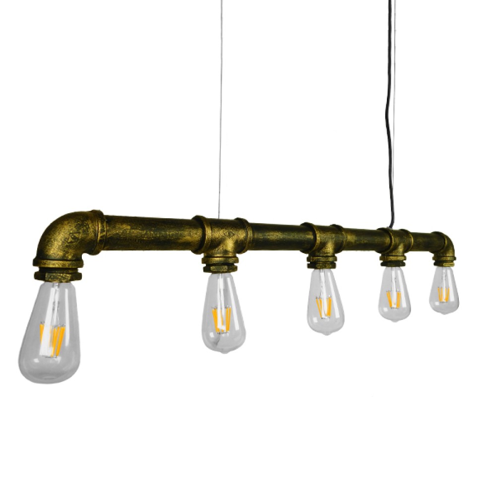 GloboStar® CANAL 01669 Vintage Κρεμαστό Φωτιστικό Ράγα Πολύφωτο 5 x E27 IP20 Μπρούτζινο Μέταλλο - Μ92 x Π5 x Y8cm