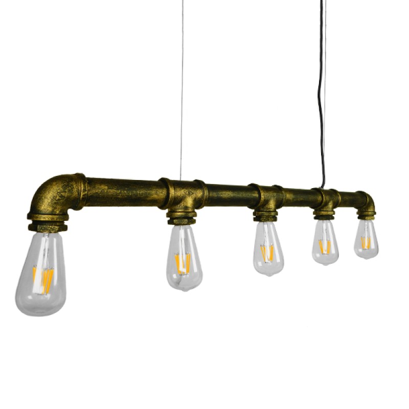 GloboStar® CANAL 01669 Vintage Κρεμαστό Φωτιστικό Ράγα Πολύφωτο 5 x E27 IP20 Μπρούτζινο Μέταλλο - Μ92 x Π5 x Y8cm