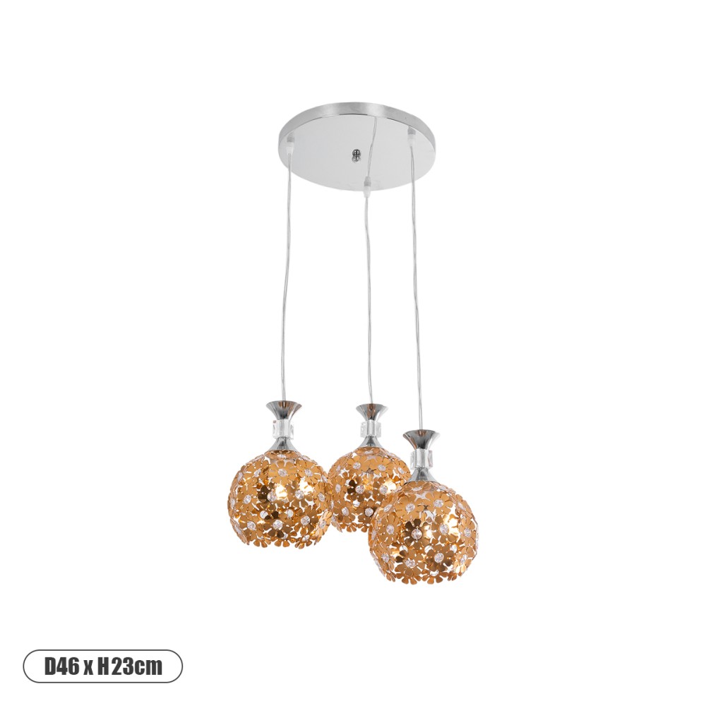 GloboStar® BOUQUET 01670 Μοντέρνο Κρεμαστό Φωτιστικό Μπάλα Τρίφωτο 3 x E27 IP20 Χρυσό Μέταλλο με Διάφανο Κρύσταλλο - Μ46 x Π46 x Y23cm
