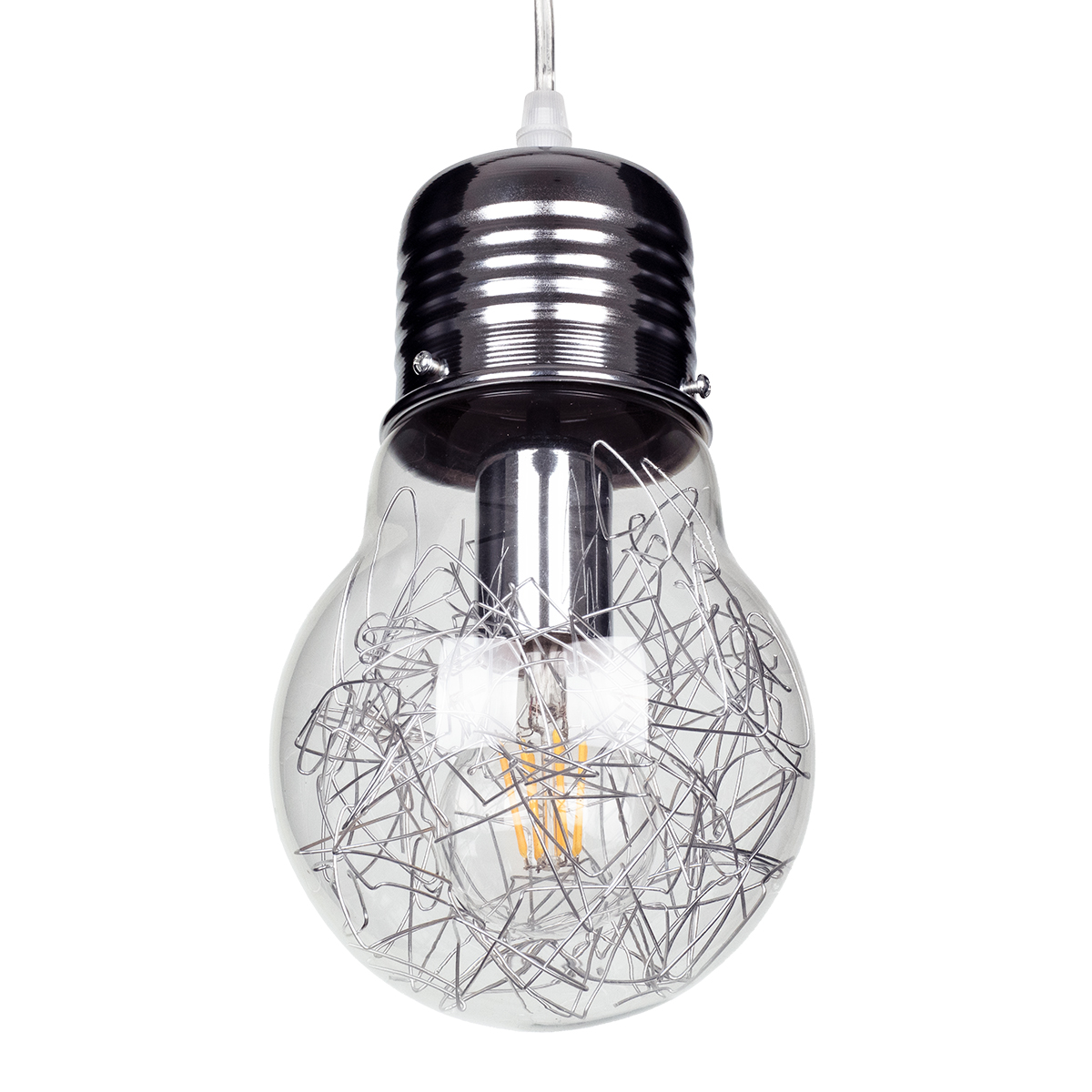 GloboStar® LAMP 01676 Μοντέρνο Κρεμαστό Φωτιστικό Φιγούρα Μονόφωτο 1 x E27 IP20 Ασημί Μέταλλο με Διάφανο Γυαλί - Μ15 x Π15 x Υ27cm