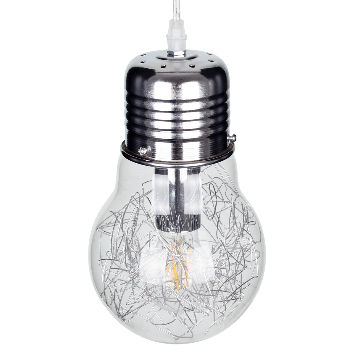 GloboStar® LAMP 01676 Μοντέρνο Κρεμαστό Φωτιστικό Φιγούρα Μονόφωτο 1 x E27 IP20 Ασημί Μέταλλο με Διάφανο Γυαλί - Μ15 x Π15 x Υ27cm
