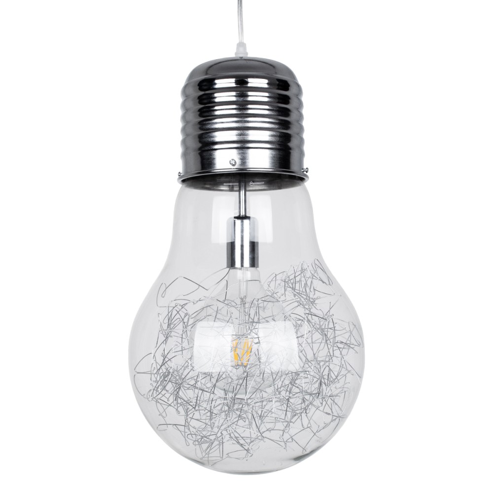 GloboStar® LAMP 01677 Μοντέρνο Κρεμαστό Φωτιστικό Φιγούρα Μονόφωτο 1 x E27 IP20 Ασημί Μέταλλο με Διάφανο Γυαλί - Μ30 x Π30 x Υ52cm