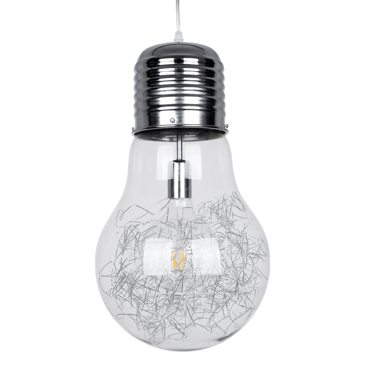 GloboStar® LAMP 01677 Μοντέρνο Κρεμαστό Φωτιστικό Φιγούρα Μονόφωτο 1 x E27 IP20 Ασημί Μέταλλο με Διάφανο Γυαλί - Μ30 x Π30 x Υ52cm