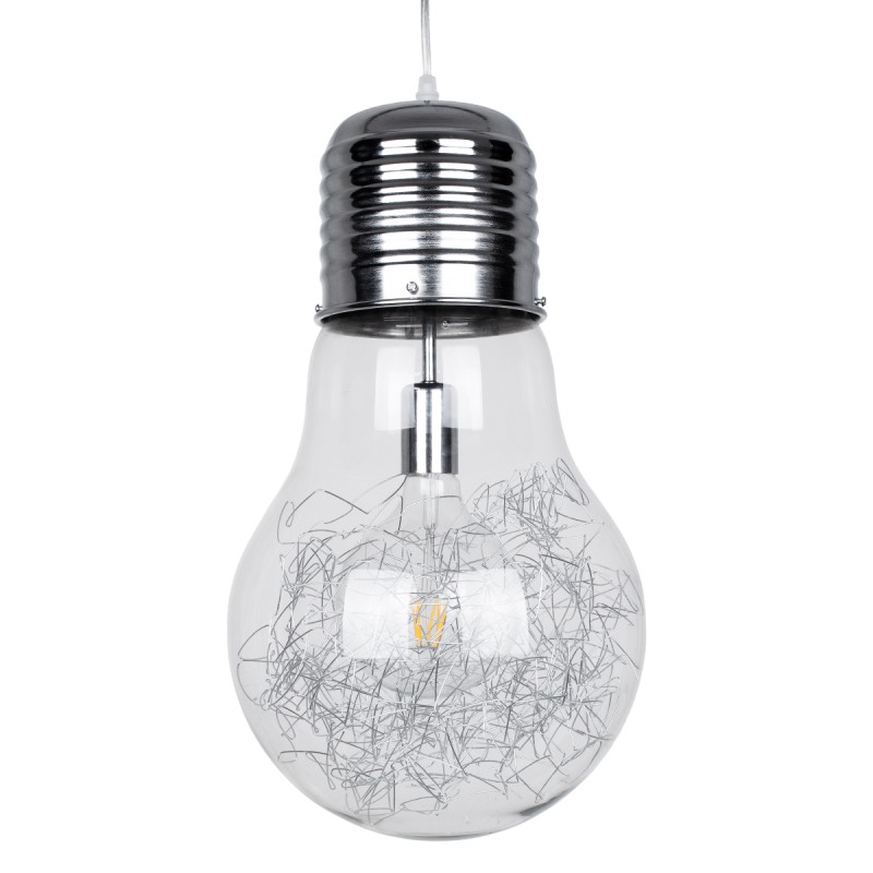 GloboStar® LAMP 01677 Μοντέρνο Κρεμαστό Φωτιστικό Φιγούρα Μονόφωτο 1 x E27 IP20 Ασημί Μέταλλο με Διάφανο Γυαλί - Μ30 x Π30 x Υ52cm