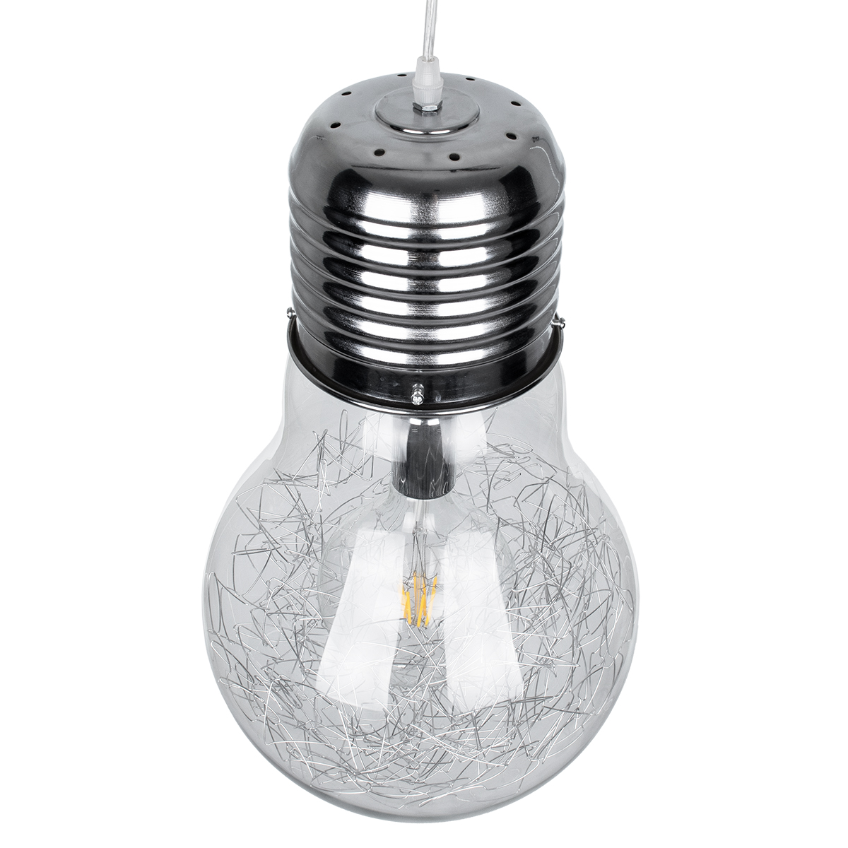 GloboStar® LAMP 01677 Μοντέρνο Κρεμαστό Φωτιστικό Φιγούρα Μονόφωτο 1 x E27 IP20 Ασημί Μέταλλο με Διάφανο Γυαλί - Μ30 x Π30 x Υ52cm
