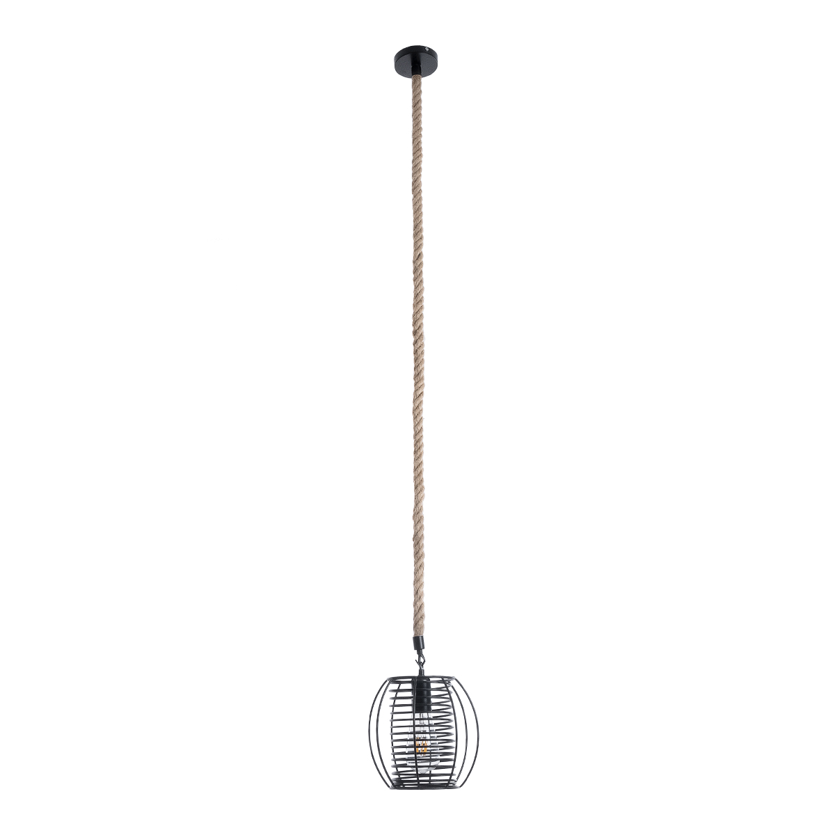GloboStar® ORVAL 01689 Μοντέρνο Κρεμαστό Φωτιστικό Πλέγμα Μονόφωτο 1 x E27 IP20 Μαύρο Μέταλλο με Μπεζ Σχοινί - Μ20 x Π20 x Υ20cm