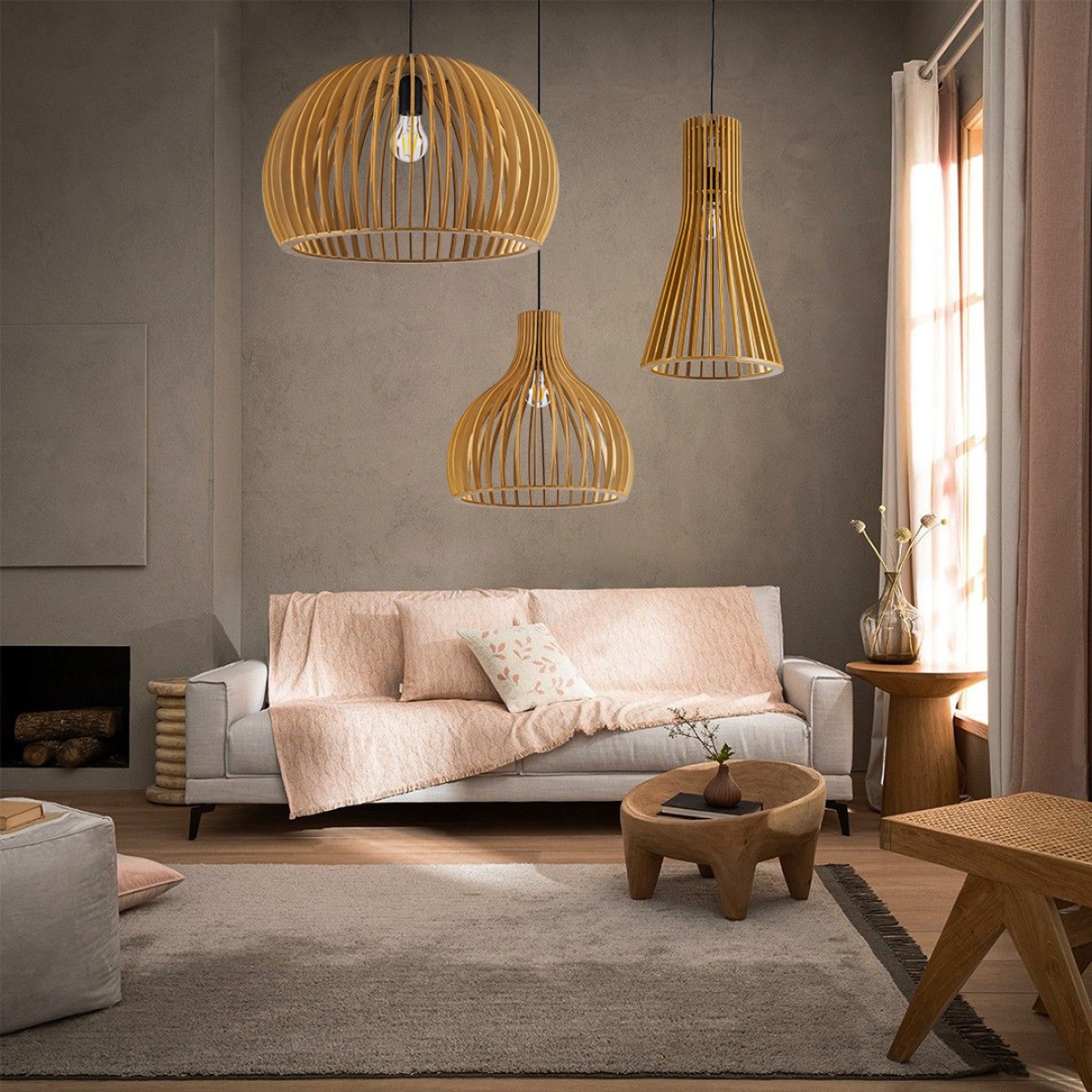 GloboStar® SCANDINAVIA 01699 Μοντέρνο Κρεμαστό Φωτιστικό Πλέγμα Μονόφωτο 1 x E27 IP20 Μπεζ Ξύλο - Μ44 x Π44 x Υ28cm