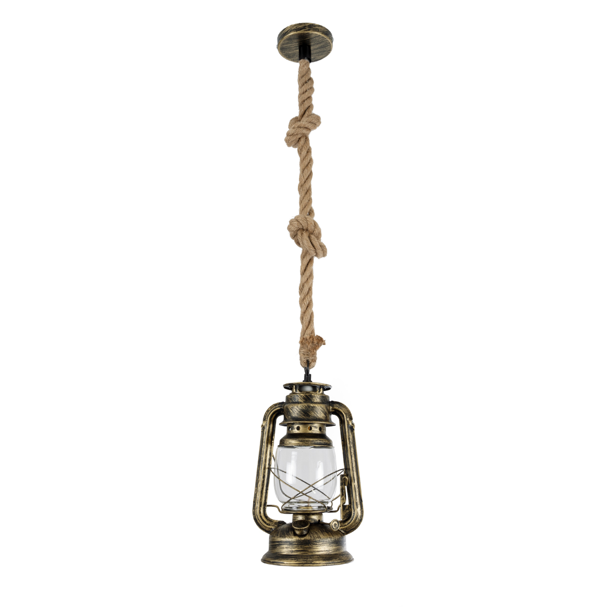 GloboStar® BARBAROSSA 01705 Vintage Κρεμαστό Φωτιστικό Ανάρτηση Μονόφωτο 1 x E27 IP20 Μπρούτζινο Μέταλλο, Διάφανο Γυαλί με Μπεζ Σχοινί - Μ18 x Π18 x Υ28cm
