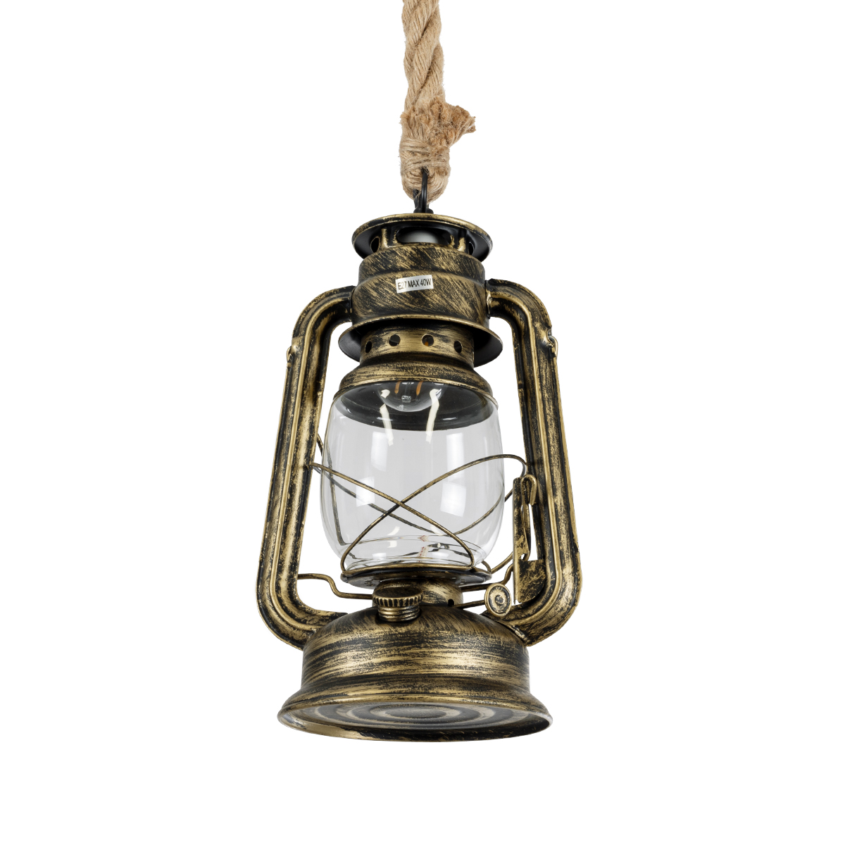 GloboStar® BARBAROSSA 01705 Vintage Κρεμαστό Φωτιστικό Ανάρτηση Μονόφωτο 1 x E27 IP20 Μπρούτζινο Μέταλλο, Διάφανο Γυαλί με Μπεζ Σχοινί - Μ18 x Π18 x Υ28cm