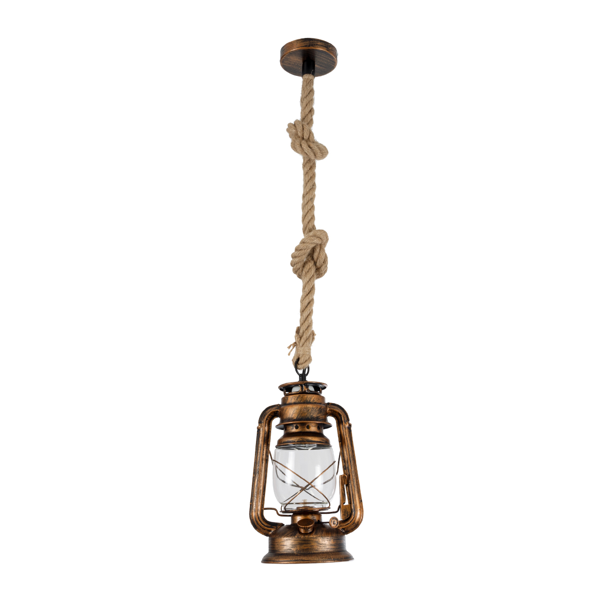 GloboStar® BARBAROSSA 01706 Vintage Κρεμαστό Φωτιστικό Ανάρτηση Μονόφωτο 1 x E27 IP20 Χάλκινο Μέταλλο, Διάφανο Γυαλί με Μπεζ Σχοινί - Μ18 x Π18 x Υ28cm