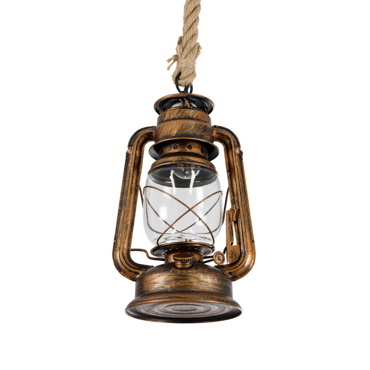 GloboStar® BARBAROSSA 01706 Vintage Κρεμαστό Φωτιστικό Ανάρτηση Μονόφωτο 1 x E27 IP20 Χάλκινο Μέταλλο, Διάφανο Γυαλί με Μπεζ Σχοινί - Μ18 x Π18 x Υ28cm