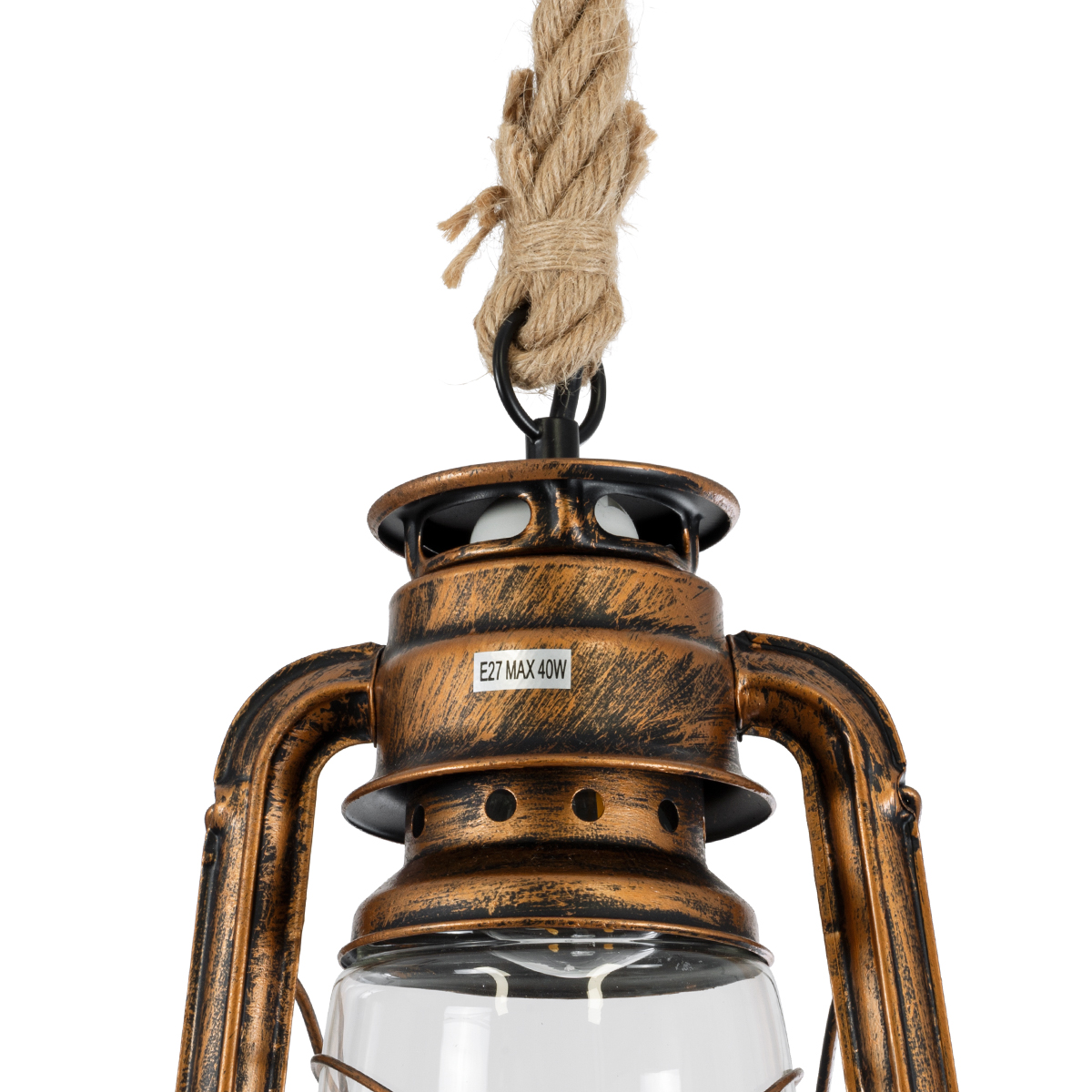GloboStar® BARBAROSSA 01706 Vintage Κρεμαστό Φωτιστικό Ανάρτηση Μονόφωτο 1 x E27 IP20 Χάλκινο Μέταλλο, Διάφανο Γυαλί με Μπεζ Σχοινί - Μ18 x Π18 x Υ28cm