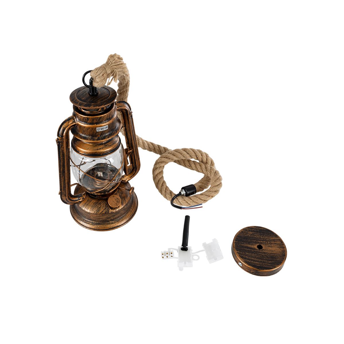 GloboStar® BARBAROSSA 01706 Vintage Κρεμαστό Φωτιστικό Ανάρτηση Μονόφωτο 1 x E27 IP20 Χάλκινο Μέταλλο, Διάφανο Γυαλί με Μπεζ Σχοινί - Μ18 x Π18 x Υ28cm