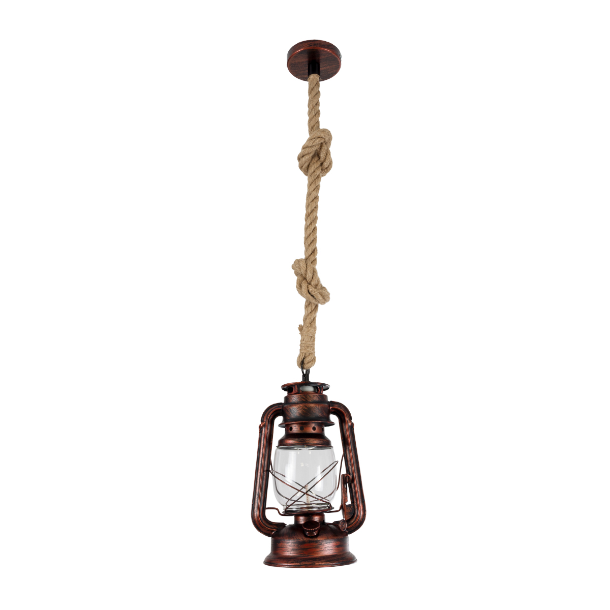 GloboStar® BARBAROSSA 01707 Vintage Κρεμαστό Φωτιστικό Ανάρτηση Μονόφωτο 1 x E27 IP20 Χάλκινο Μέταλλο, Διάφανο Γυαλί με Μπεζ Σχοινί - Μ18 x Π18 x Υ28cm