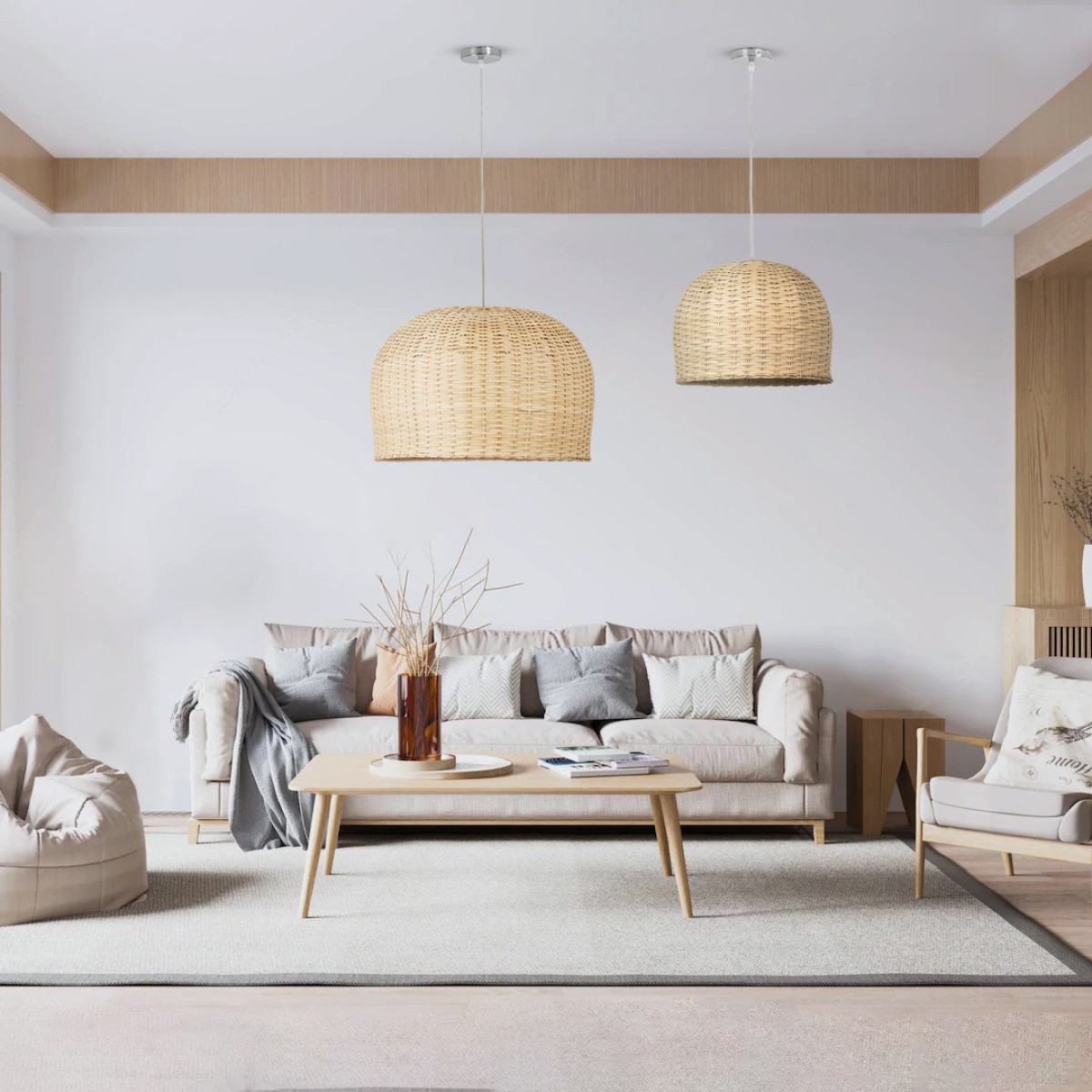 GloboStar® BERMUDA 01708 Boho Κρεμαστό Φωτιστικό Καμπάνα Μονόφωτο 1 x E27 IP20 Μπεζ Ξύλο - Μ31 x Π31 x Y22cm