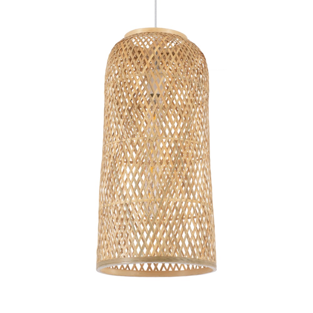 GloboStar® CALERO 01710 Boho Κρεμαστό Πλέγμα Μονόφωτο 1 x E27 IP20 Μπεζ Ξύλο - Μ25 x Π25 x Υ50cm