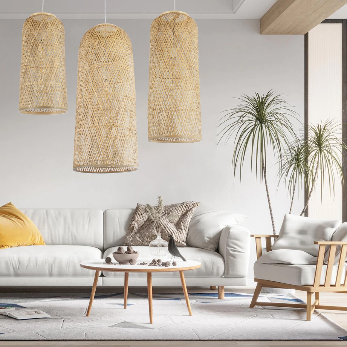GloboStar® CALERO 01711 Boho Κρεμαστό Φωτιστικό Πλέγμα Μονόφωτο 1 x E27 IP20 Μπεζ Ξύλο - Μ30 x Π30 x Υ70cm