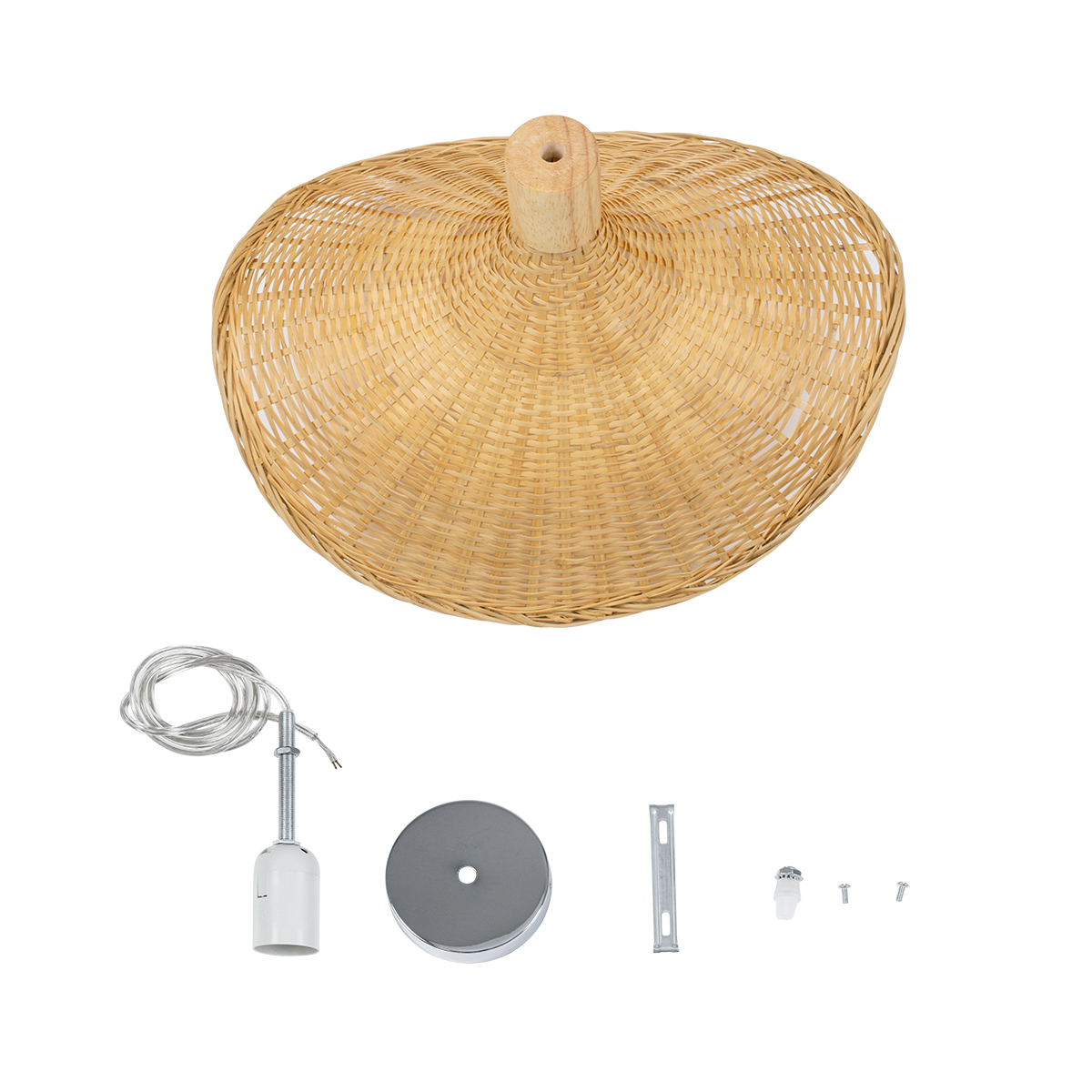 GloboStar® CUBA 01715 Boho Κρεμαστό Φωτιστικό Ανάρτηση Μονόφωτο 1 x E27 IP20 Μπεζ Rattan με Μπεζ Ξύλο - Μ33 x Π33 x Υ25cm