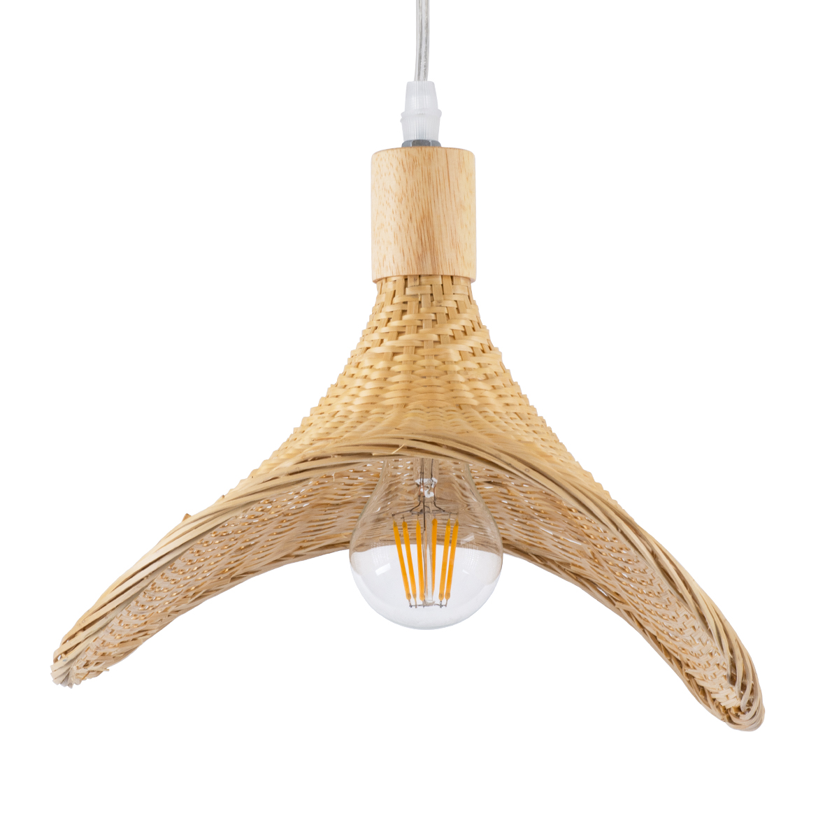 GloboStar® CUBA 01715 Boho Κρεμαστό Φωτιστικό Ανάρτηση Μονόφωτο 1 x E27 IP20 Μπεζ Rattan με Μπεζ Ξύλο - Μ33 x Π33 x Υ25cm