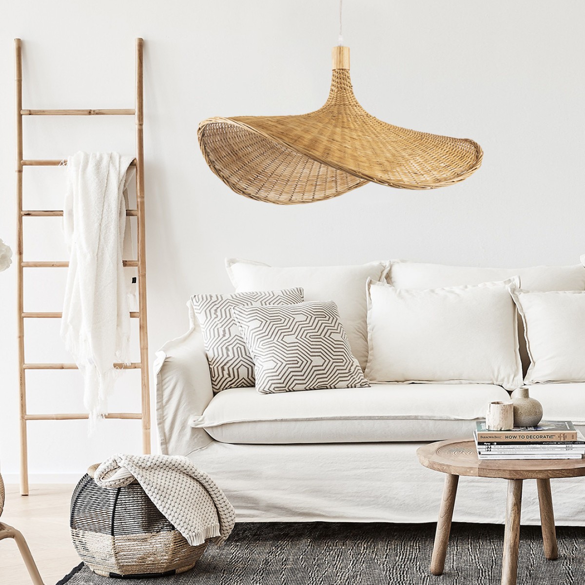 GloboStar® CUBA 01721 Boho Κρεμαστό Φωτιστικό Ανάρτηση Μονόφωτο 1 x E27 IP20 Μπεζ Ξύλο - Μ63 x Π63 x Υ32cm