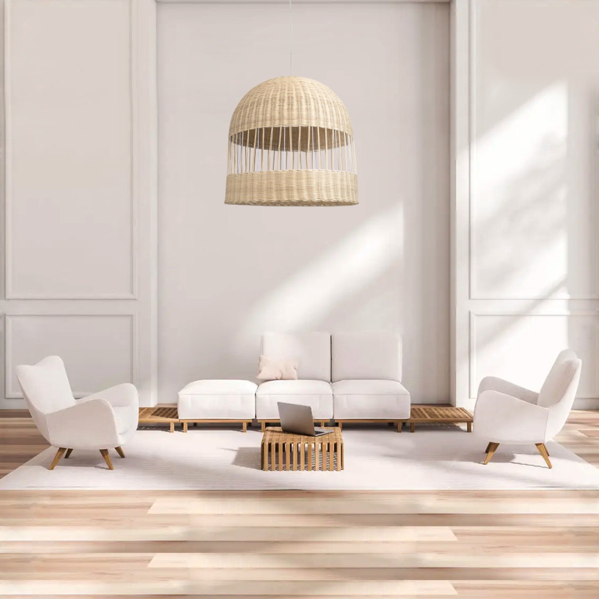 GloboStar® LUCIA 01726 Boho Κρεμαστό Φωτιστικό Πλέγμα Μονόφωτο 1 x E27 IP20 Μπεζ Ξύλο - Μ60 x Π60 x Y60cm