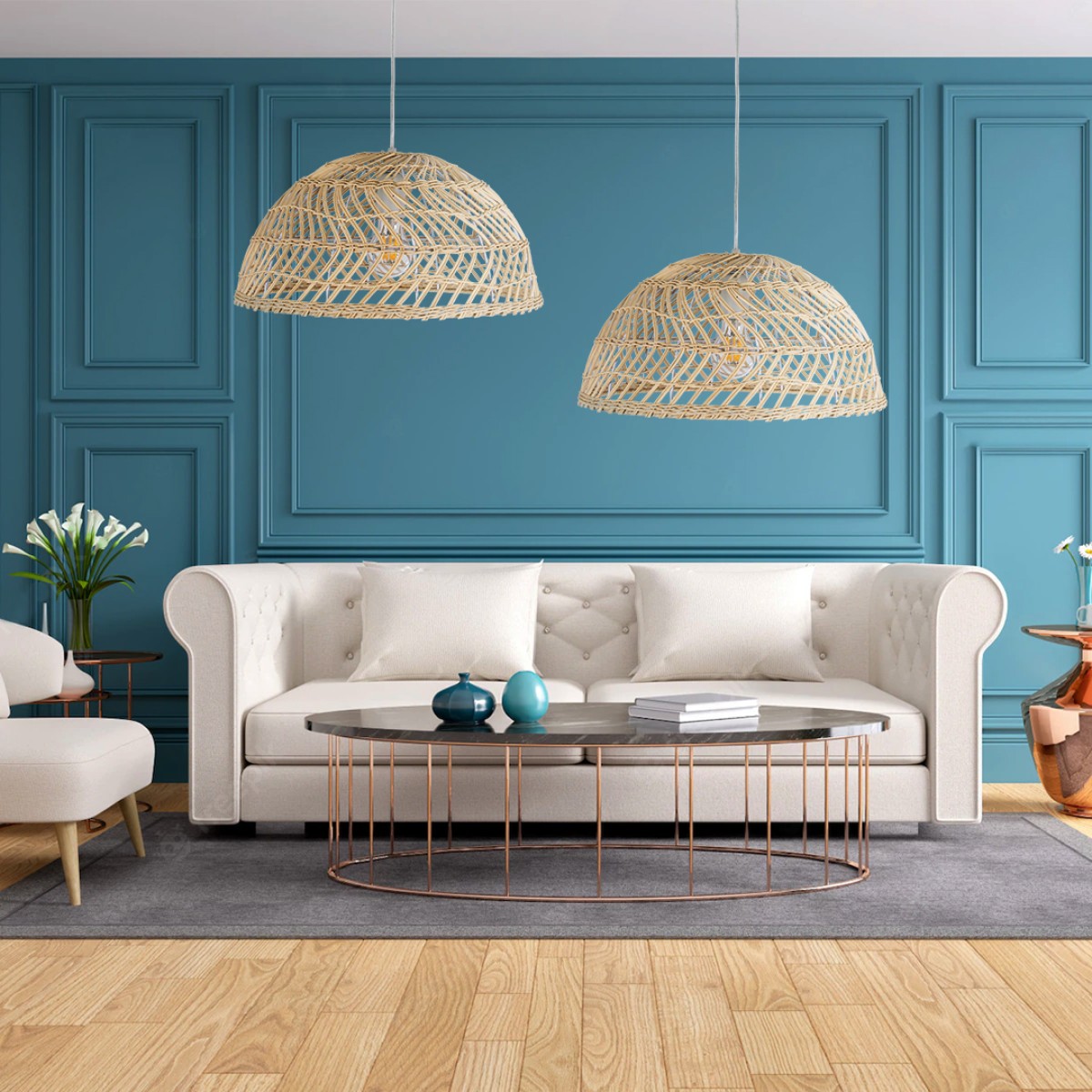 GloboStar® COMORES 01727 Boho Κρεμαστό Φωτιστικό Πλέγμα Μονόφωτο 1 x E27 IP20 Μπεζ Ξύλο -Μ40 x Π40 x Y20cm