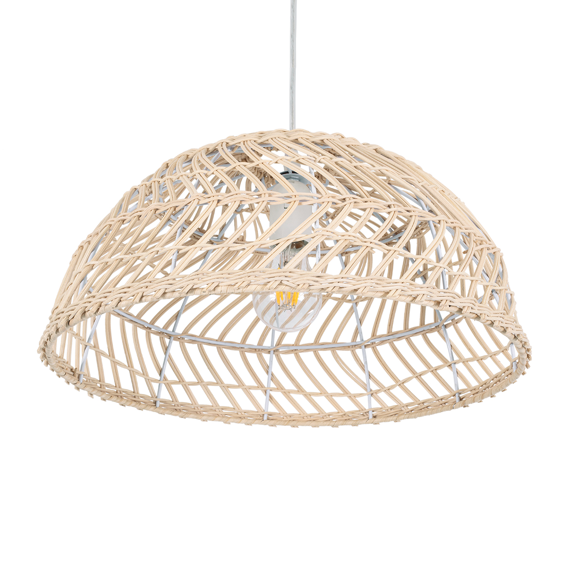 GloboStar® COMORES 01727 Boho Κρεμαστό Φωτιστικό Πλέγμα Μονόφωτο 1 x E27 IP20 Μπεζ Ξύλο -Μ40 x Π40 x Y20cm