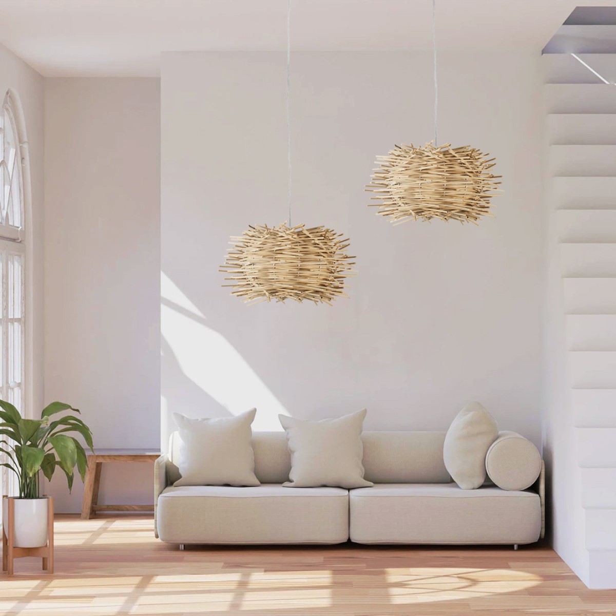 GloboStar® MINORCA 01729 Boho Κρεμαστό Φωτιστικό Ανάρτηση Μονόφωτο 1 x E27 IP20 Μπεζ Ξύλο - Μ30 x Π30 x Υ18cm