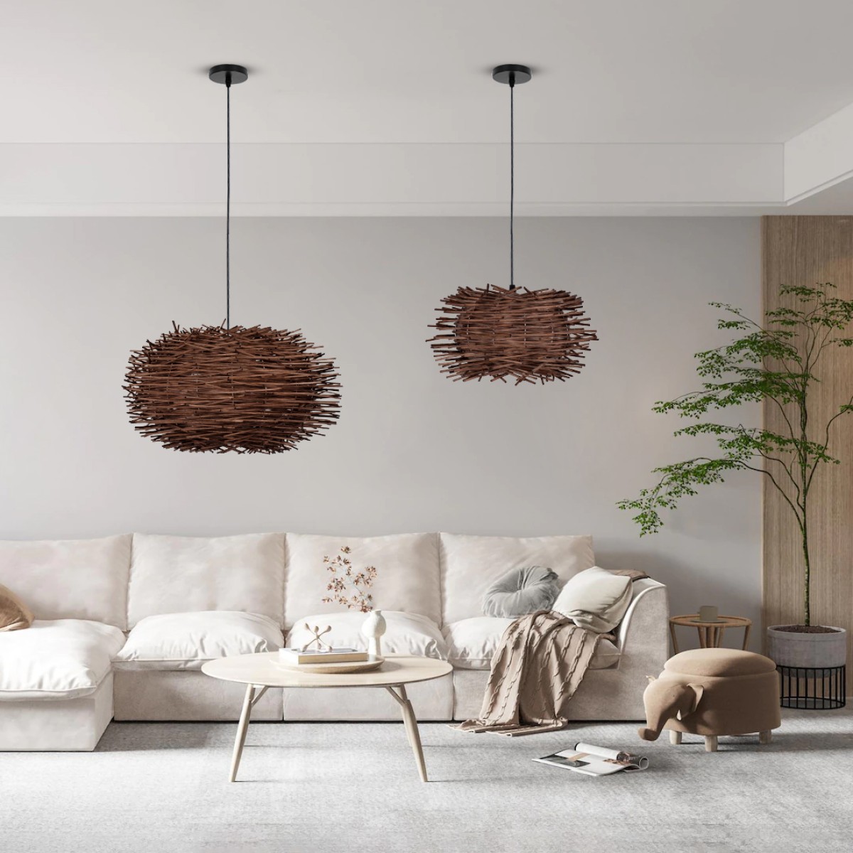 GloboStar® MINORCA 01734 Boho Κρεμαστό Φωτιστικό Ανάρτηση Μονόφωτο 1 x E27 IP20 Καφέ Ξύλο - Μ60 x Π60 x Y35cm
