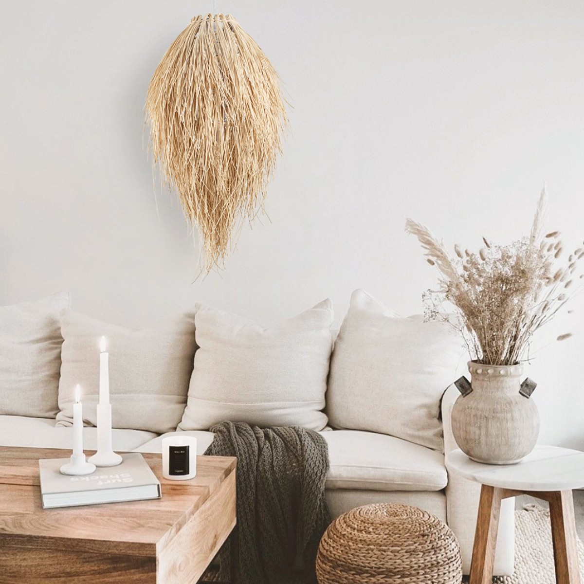 GloboStar® ARCHIPELAGO 01749 Boho Κρεμαστό Φωτιστικό Πλέγμα Μονόφωτο 1 x E27 IP20 Μπεζ Ξύλο - Μ40 x Π40 x Υ63cm