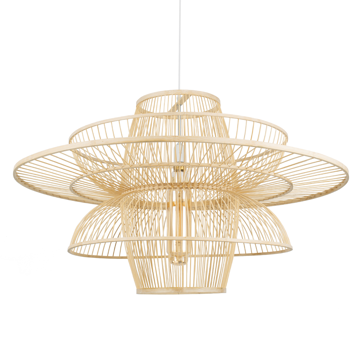 GloboStar® BALI 01758 Boho Κρεμαστό Φωτιστικό Πλέγμα Μονόφωτο 1 x E27 IP20 Μπεζ Ξύλο - Μ100 x Π100 x Υ60cm