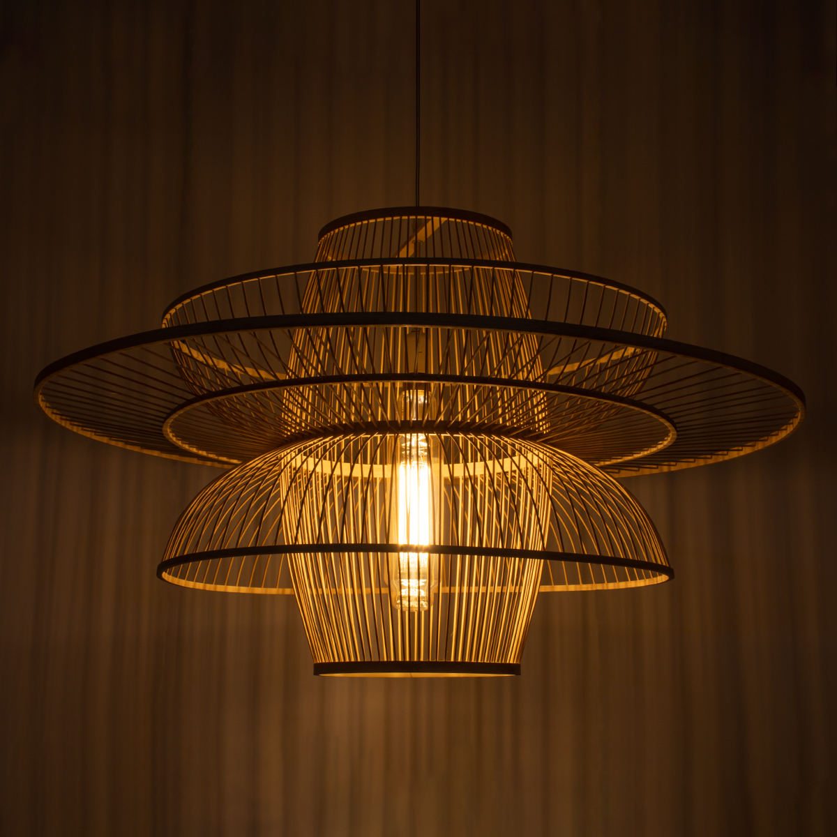 GloboStar® BALI 01758 Boho Κρεμαστό Φωτιστικό Πλέγμα Μονόφωτο 1 x E27 IP20 Μπεζ Ξύλο - Μ100 x Π100 x Υ60cm