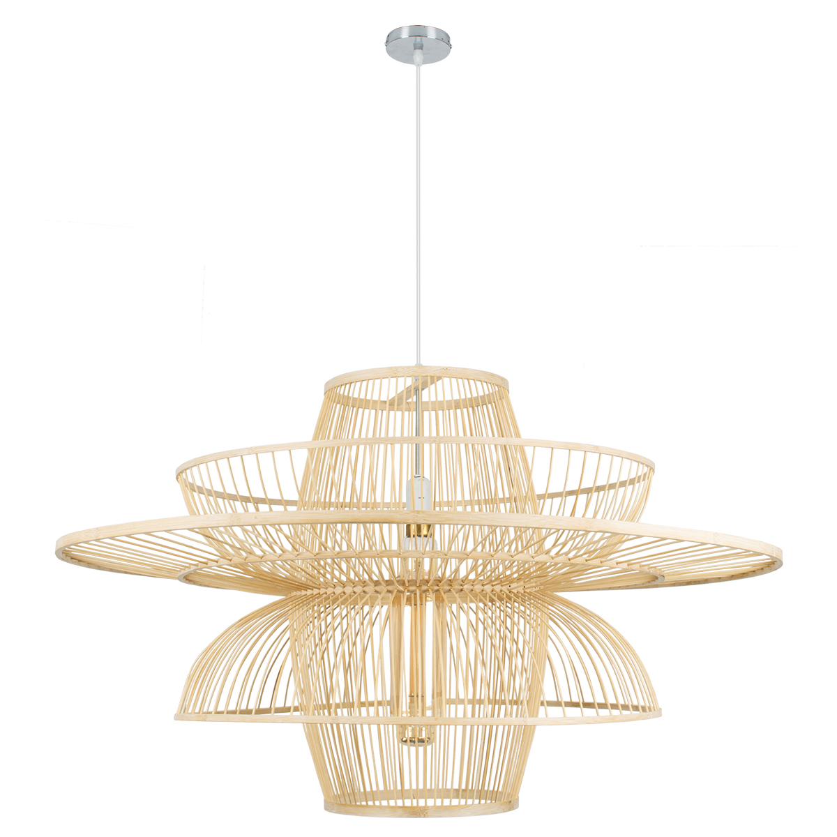 GloboStar® BALI 01758 Boho Κρεμαστό Φωτιστικό Πλέγμα Μονόφωτο 1 x E27 IP20 Μπεζ Ξύλο - Μ100 x Π100 x Υ60cm