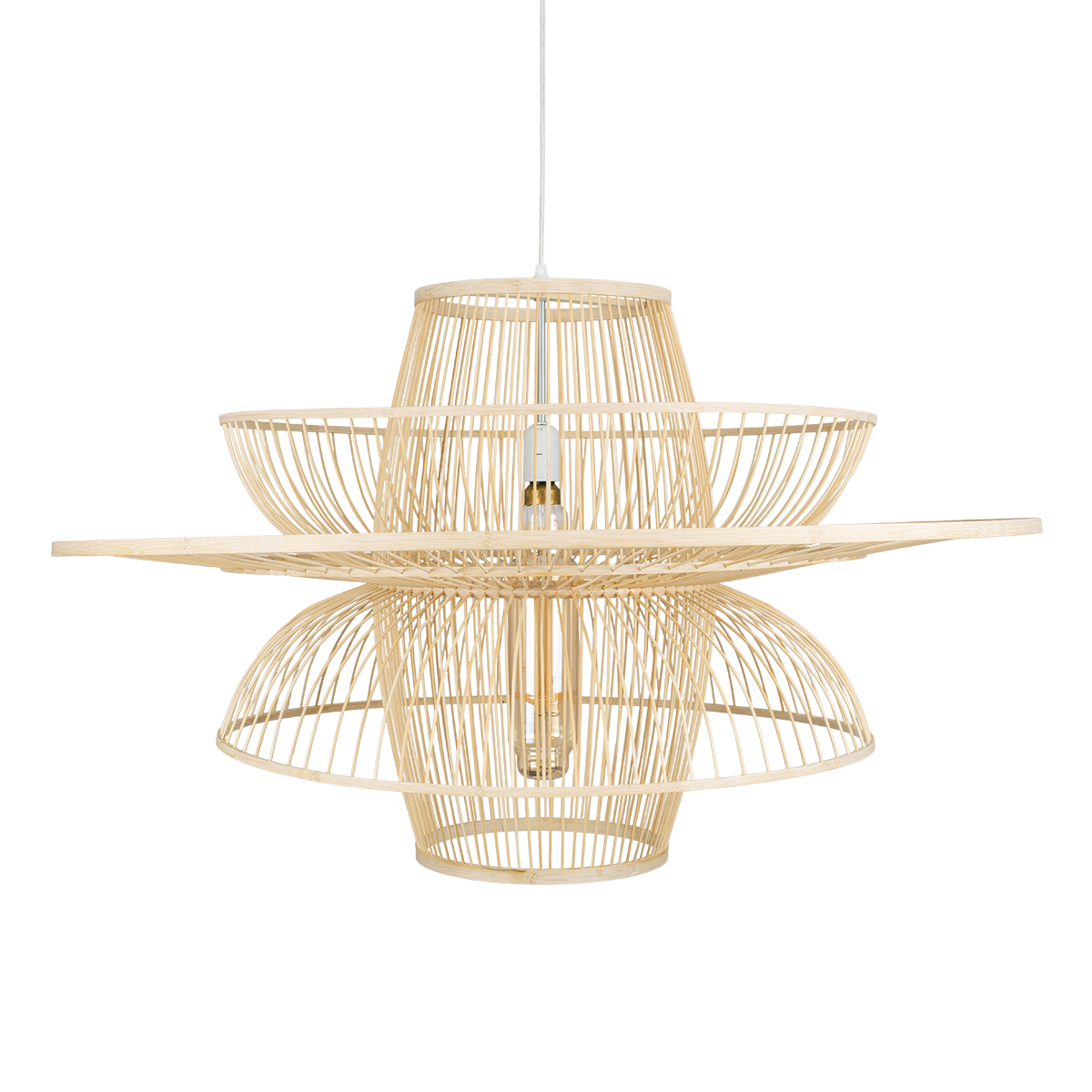 GloboStar® BALI 01758 Boho Κρεμαστό Φωτιστικό Πλέγμα Μονόφωτο 1 x E27 IP20 Μπεζ Ξύλο - Μ100 x Π100 x Υ60cm