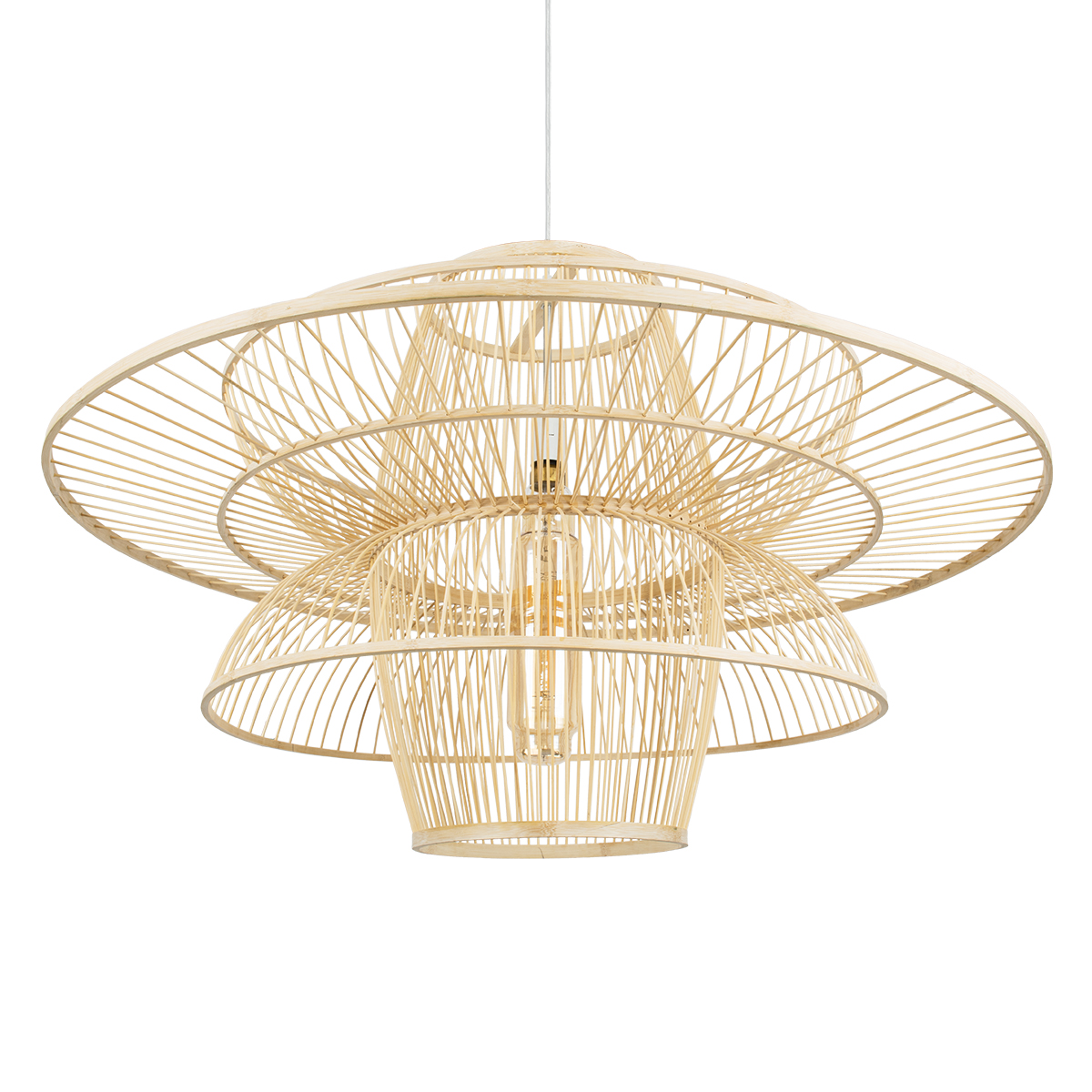 GloboStar® BALI 01758 Boho Κρεμαστό Φωτιστικό Πλέγμα Μονόφωτο 1 x E27 IP20 Μπεζ Ξύλο - Μ100 x Π100 x Υ60cm