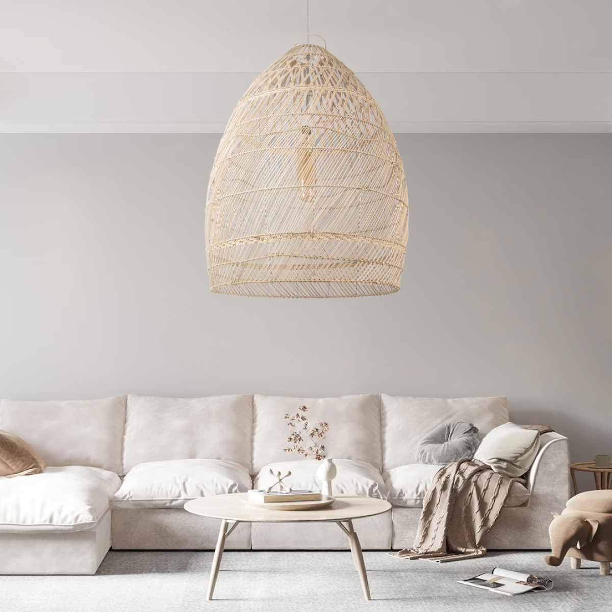 GloboStar® MALIBU 01811 Boho Κρεμαστό Φωτιστικό Καμπάνα Μονόφωτο 1 x E27 IP20 Μπεζ Ξύλο - Μ76 x Π76 x Υ100cm