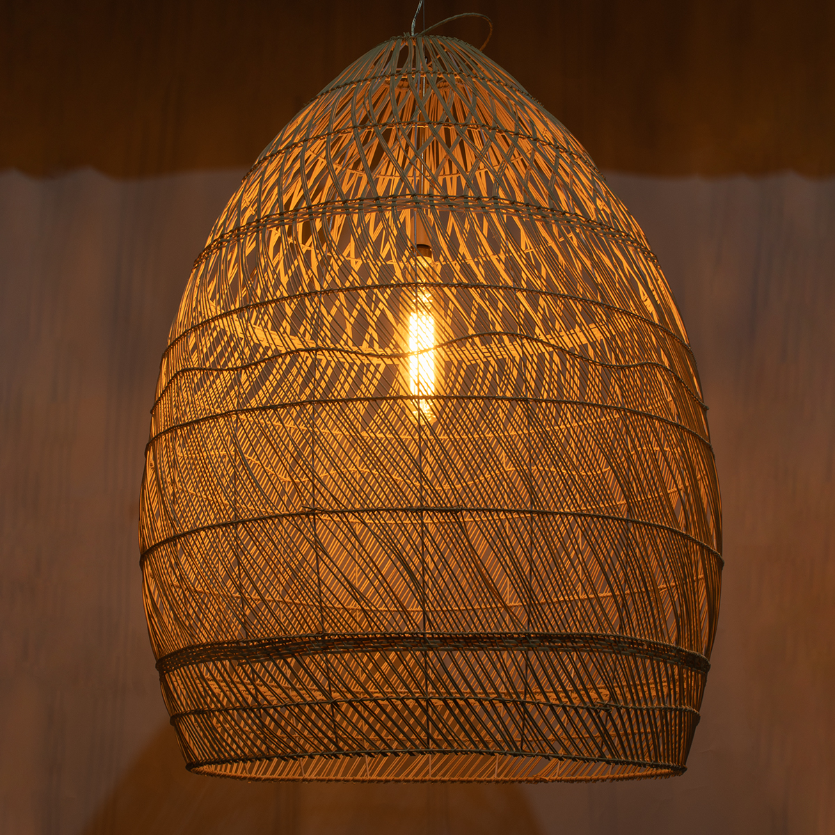 GloboStar® MALIBU 01812 Boho Κρεμαστό Φωτιστικό Καμπάνα Μονόφωτο 1 x E27 IP20 Μπεζ Ξύλο - Μ95 x Π95 x Υ125cm