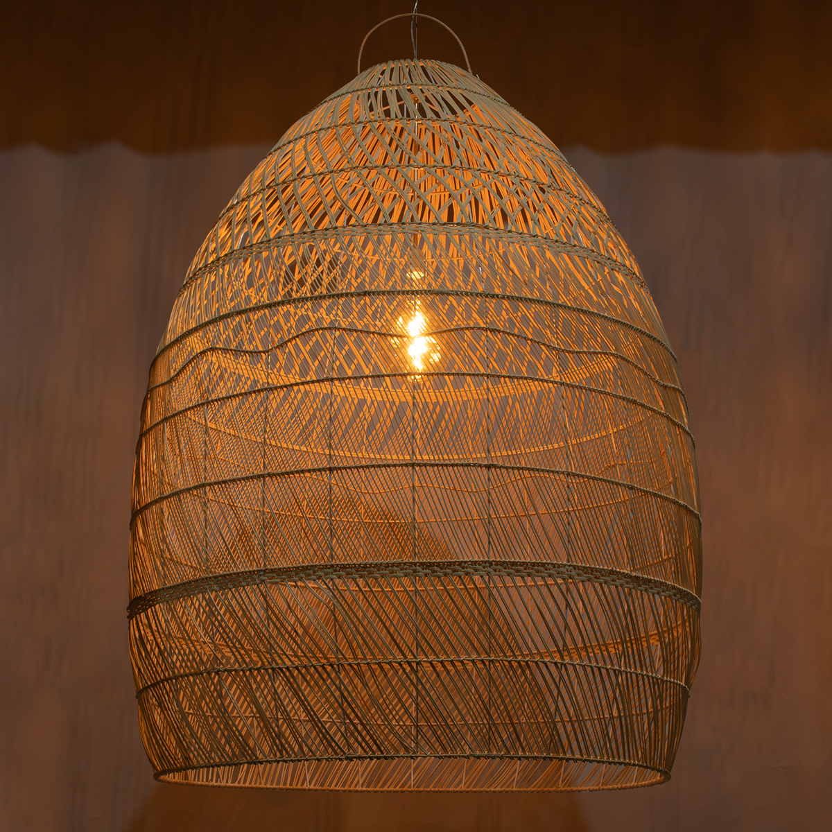 GloboStar® MALIBU 01813 Boho Κρεμαστό Φωτιστικό Καμπάνα Μονόφωτο 1 x E27 IP20 Μπεζ Ξύλο - Μ120 x Π120 x Υ156cm