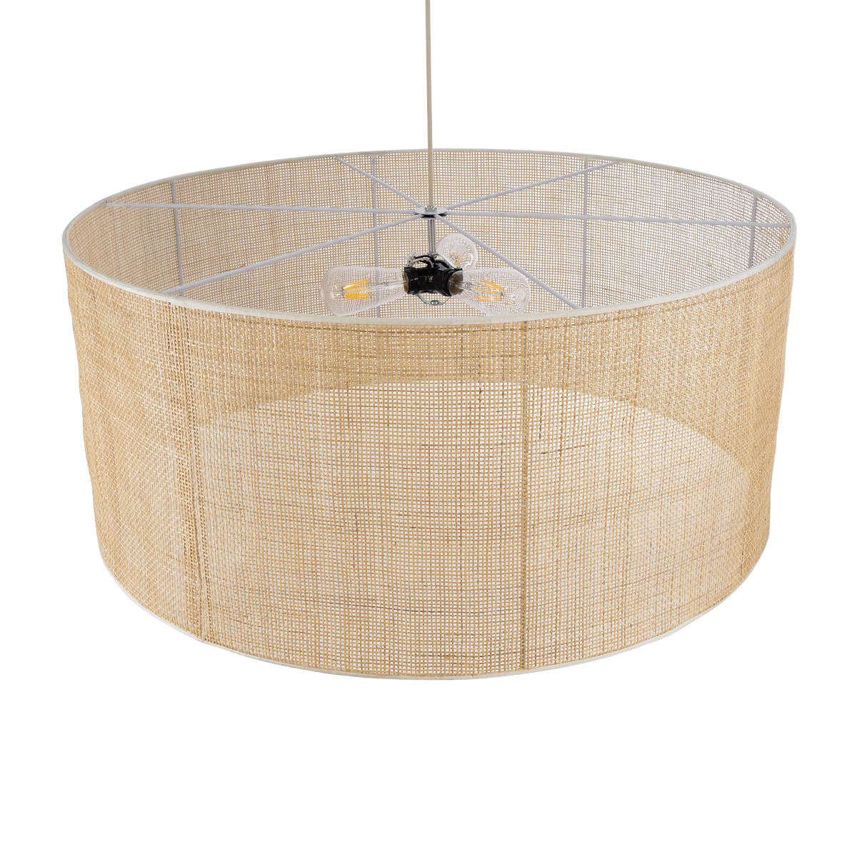GloboStar® YOTTO 01823 Boho Κρεμαστό Φωτιστικό Καπέλο Τρίφωτο 3 x E27 IP20 Μπεζ Ξύλο - Μ90 x Π90 x Υ40cm
