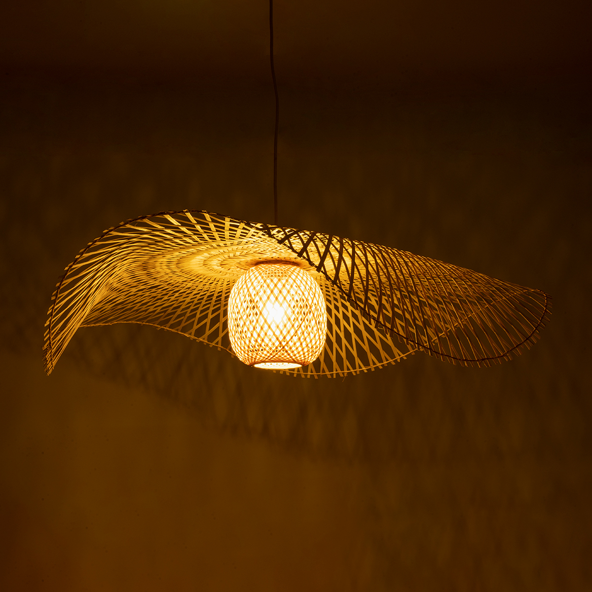 GloboStar® CINNABAR 01838 Boho Κρεμαστό Φωτιστικό Πλέγμα Μονόφωτο 1 x E27 IP20 Μπεζ Ξύλο - Μ100 x Π100 x Υ21cm