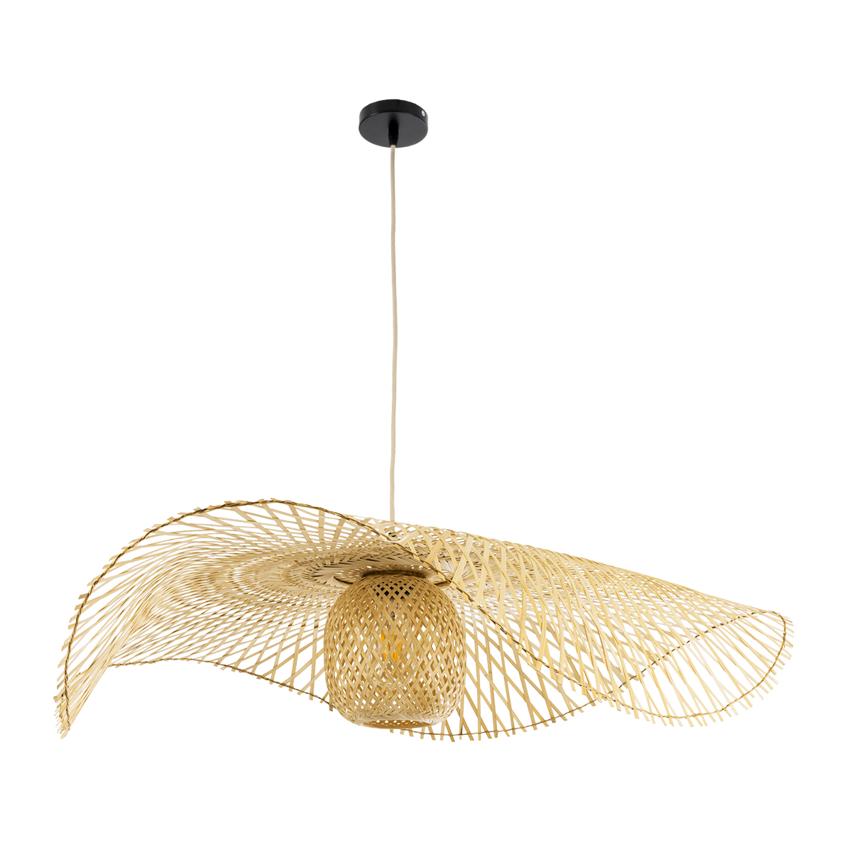 GloboStar® CINNABAR 01838 Boho Κρεμαστό Φωτιστικό Πλέγμα Μονόφωτο 1 x E27 IP20 Μπεζ Ξύλο - Μ100 x Π100 x Υ21cm
