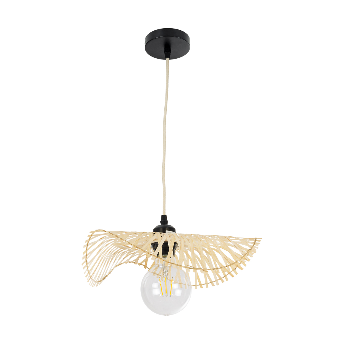 GloboStar® MELEMELE 01839 Boho Κρεμαστό Φωτιστικό Πλέγμα Μονόφωτο 1 x E27 IP20 Μπεζ Ξύλο - Μ35 x Π35 x Υ4cm