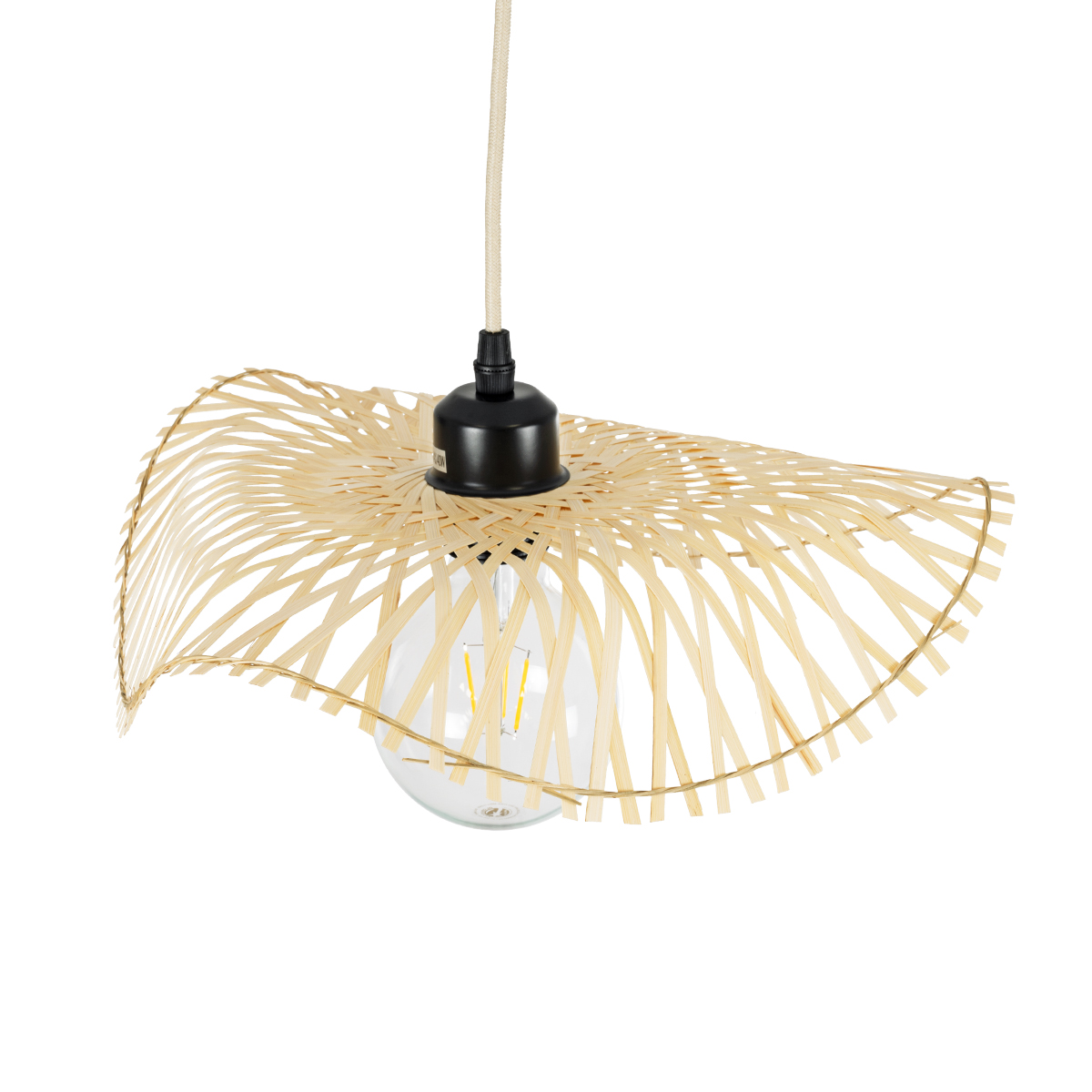 GloboStar® MELEMELE 01839 Boho Κρεμαστό Φωτιστικό Πλέγμα Μονόφωτο 1 x E27 IP20 Μπεζ Ξύλο - Μ35 x Π35 x Υ4cm
