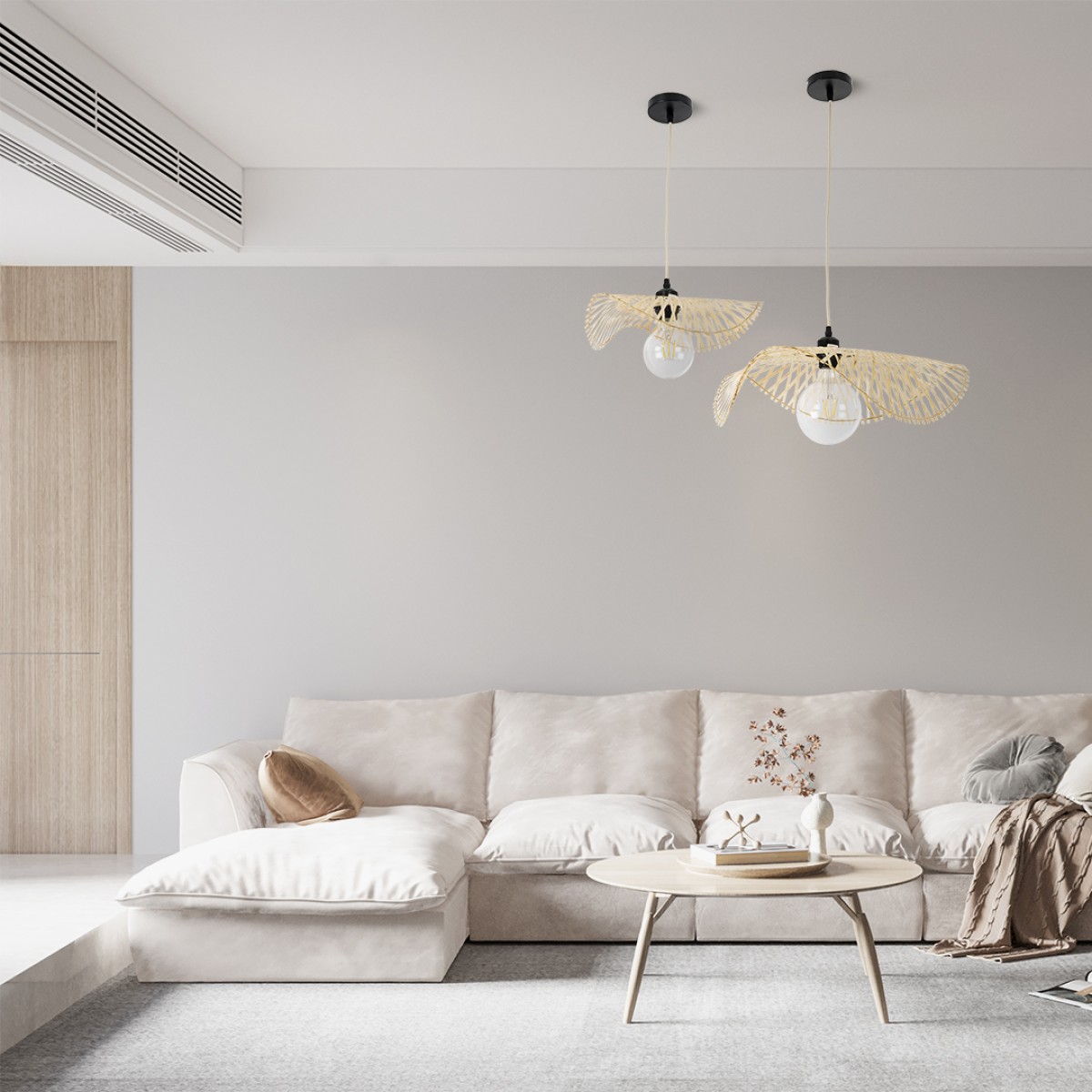 GloboStar® MELEMELE 01840 Boho Κρεμαστό Φωτιστικό Πλέγμα Μονόφωτο 1 x E27 IP20 Μπεζ Ξύλο - Μ50 x Π50 x Υ7cm